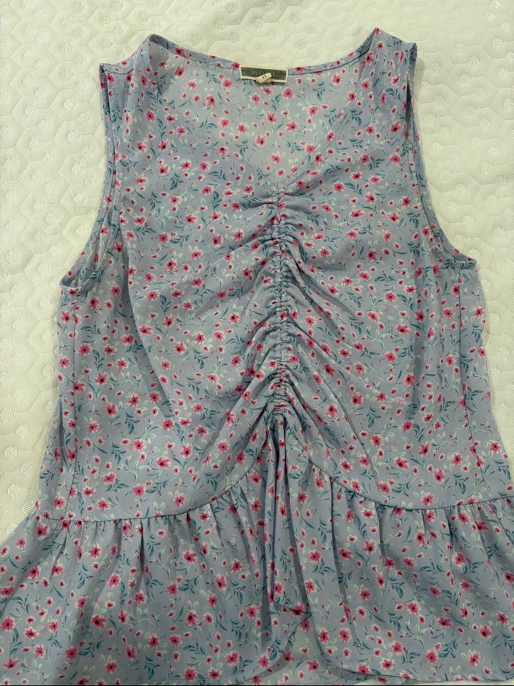 Pleione Light Blue Floral Ruched Sleeveless Blouse